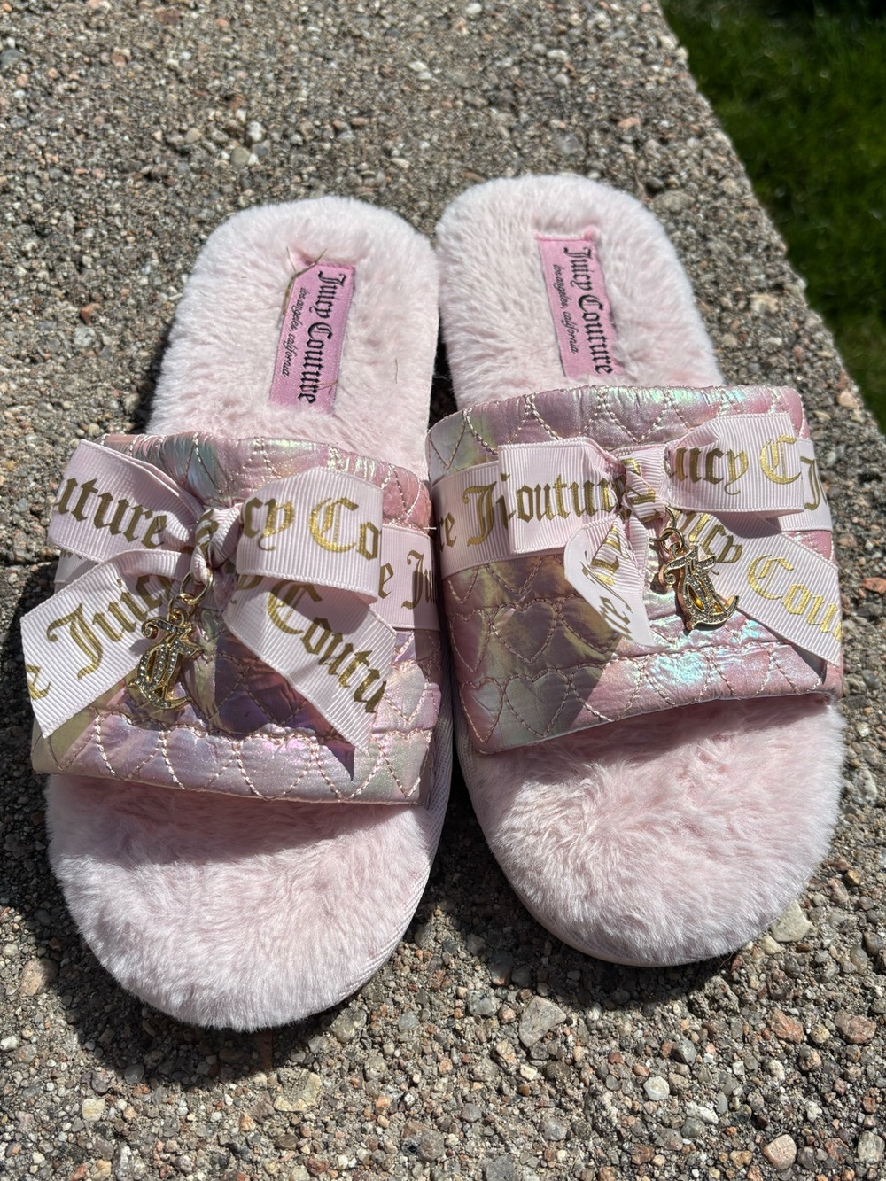 Juicy Couture Pink Faux Fur Quilted Slide Sandals